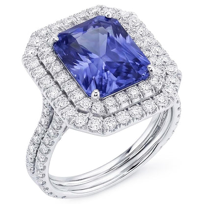 Double Halo Natural Earth Mined Diamond Gold Sapphire Engagement Ring Split Shank 4 Carats