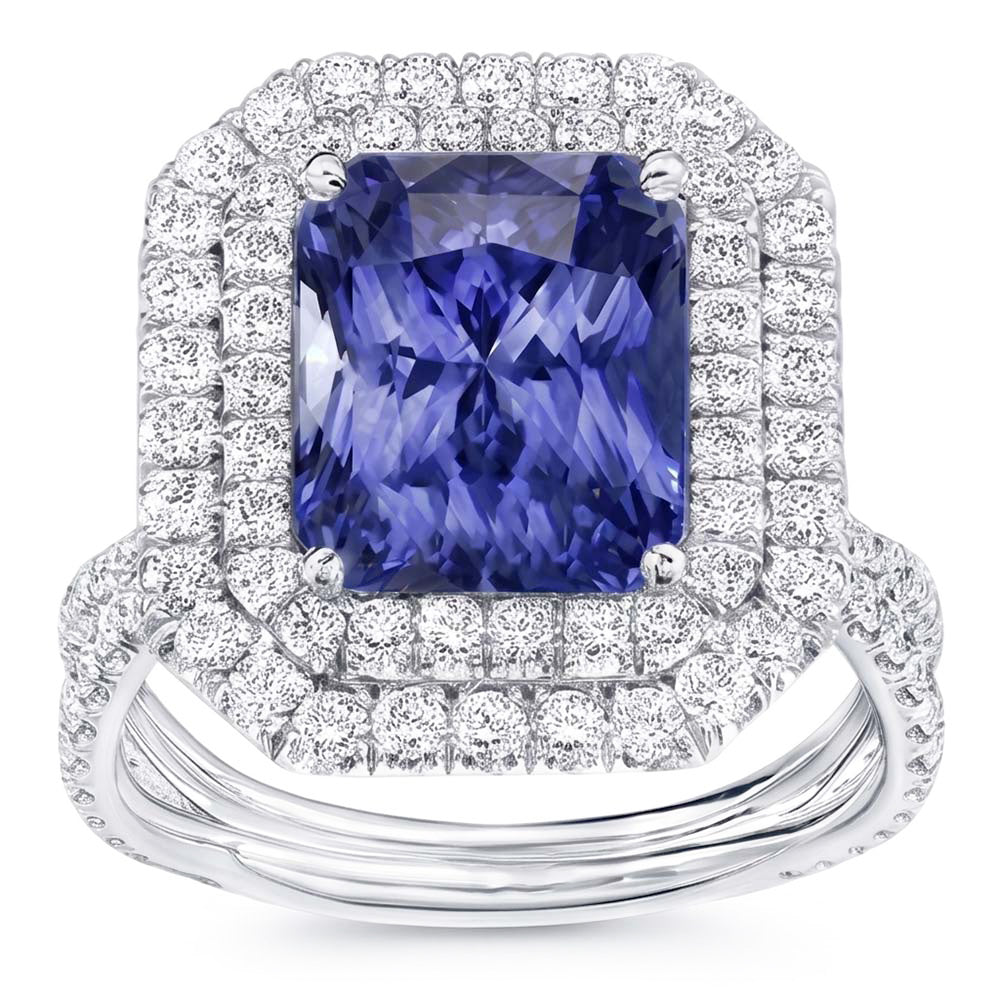 Double Halo Natural Earth Mined Diamond Gold Sapphire Engagement Ring Split Shank 4 Carats