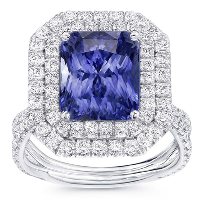 Double Halo Natural Earth Mined Diamond Gold Sapphire Engagement Ring Split Shank 4 Carats