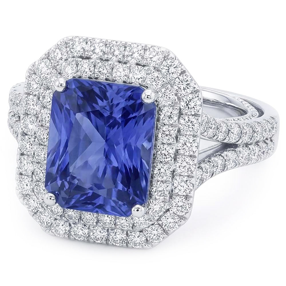 Double Halo Natural Earth Mined Diamond Gold Sapphire Engagement Ring Split Shank 4 Carats