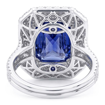 Double Halo Natural Earth Mined Diamond Gold Sapphire Engagement Ring Split Shank 4 Carats