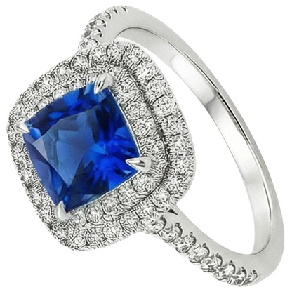 Double Halo Natural Earth Mined Diamond Ring Cushion Ceylon Sapphire Accents 3.25 Carats