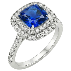 Double Halo Natural Earth Mined Diamond Ring Cushion Ceylon Sapphire Accents 3.25 Carats