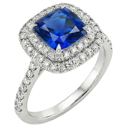 Double Halo Natural Earth Mined Diamond Ring Cushion Ceylon Sapphire Accents 3.25 Carats