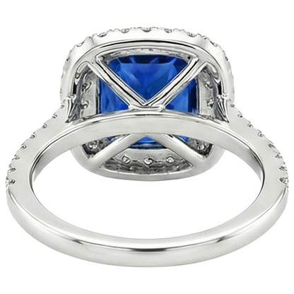 Double Halo Natural Earth Mined Diamond Ring Cushion Ceylon Sapphire Accents 3.25 Carats