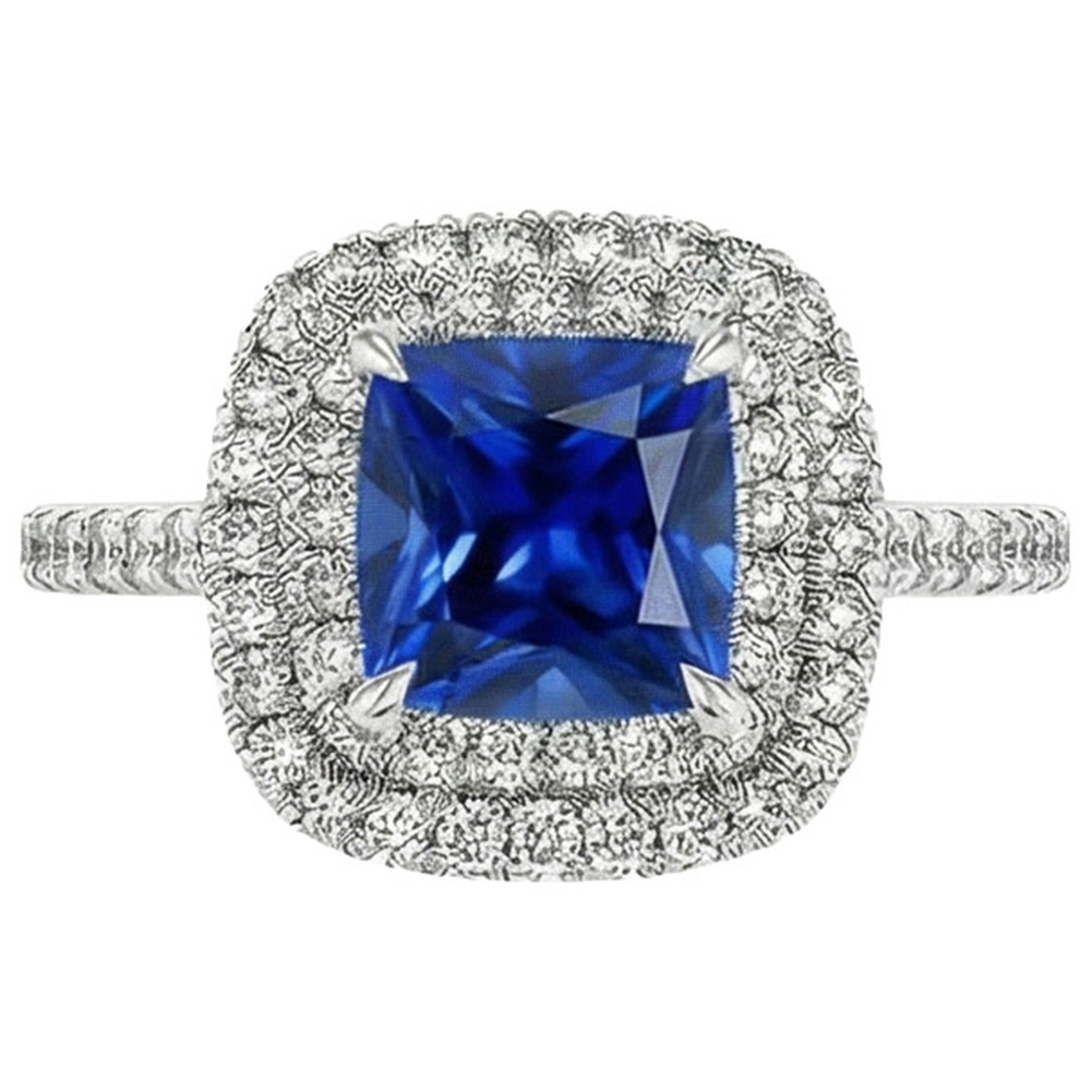 Double Halo Natural Earth Mined Diamond Ring Cushion Ceylon Sapphire Accents 3.25 Carats