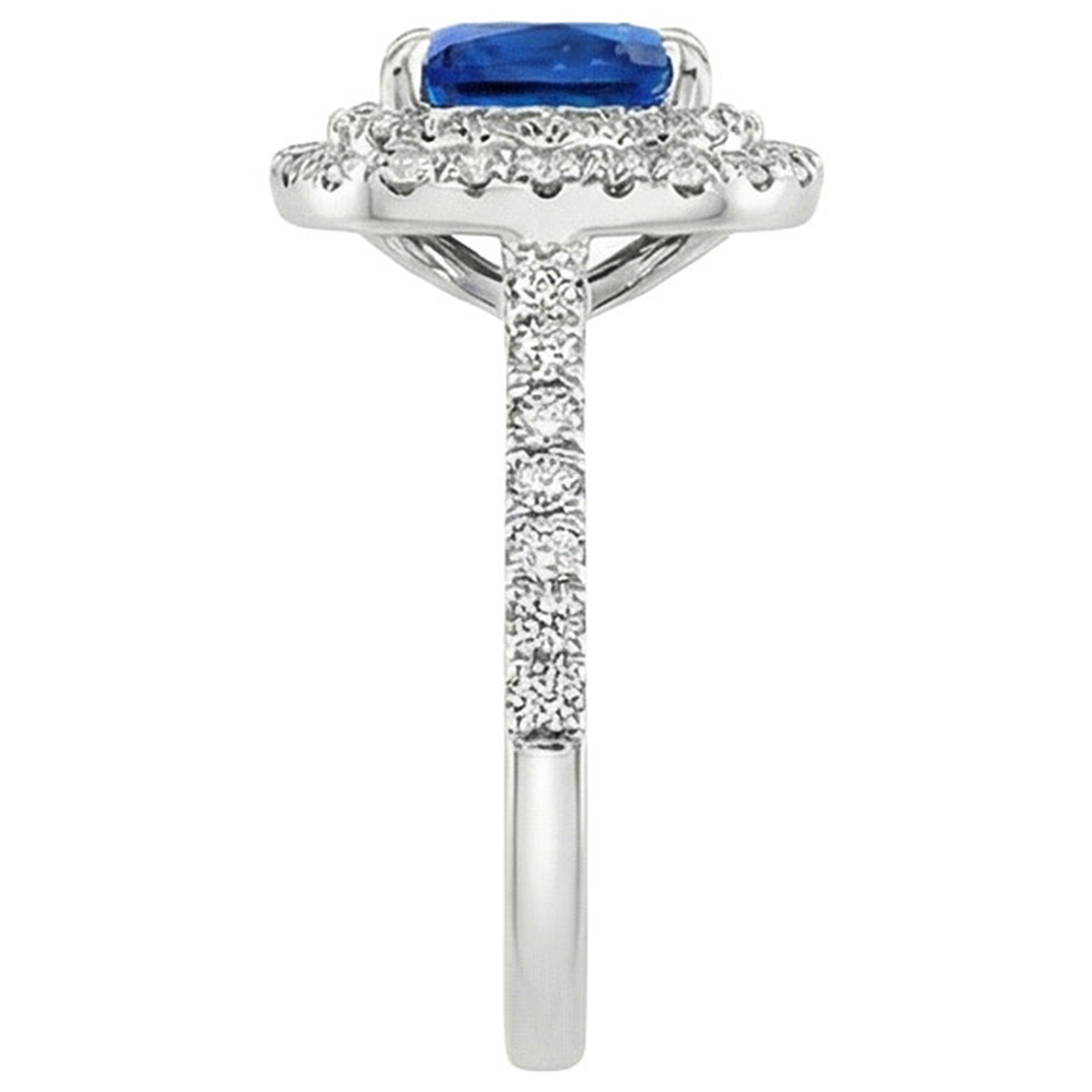 Double Halo Natural Earth Mined Diamond Ring Cushion Ceylon Sapphire Accents 3.25 Carats