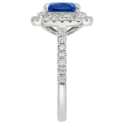 Double Halo Natural Earth Mined Diamond Ring Cushion Ceylon Sapphire Accents 3.25 Carats