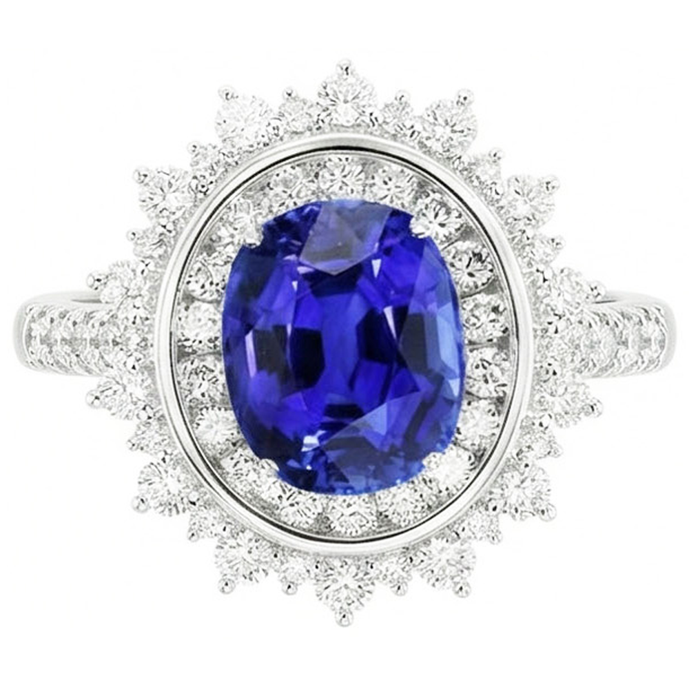 Natural Real ( Not Lab Grown )  Double Halo Oval Blue Sapphire Ring Bezel Set 4 Carats Star Style