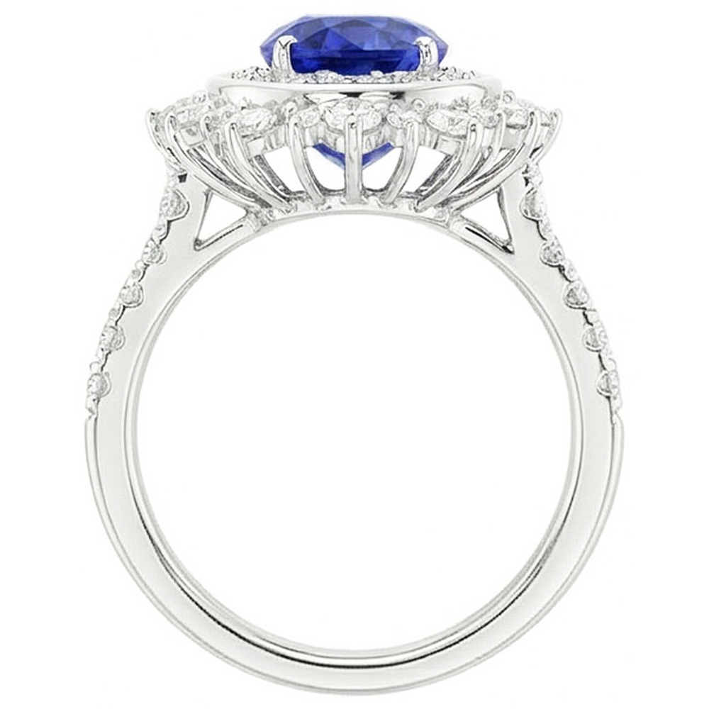 Natural Real ( Not Lab Grown )  Double Halo Oval Blue Sapphire Ring Bezel Set 4 Carats Star Style