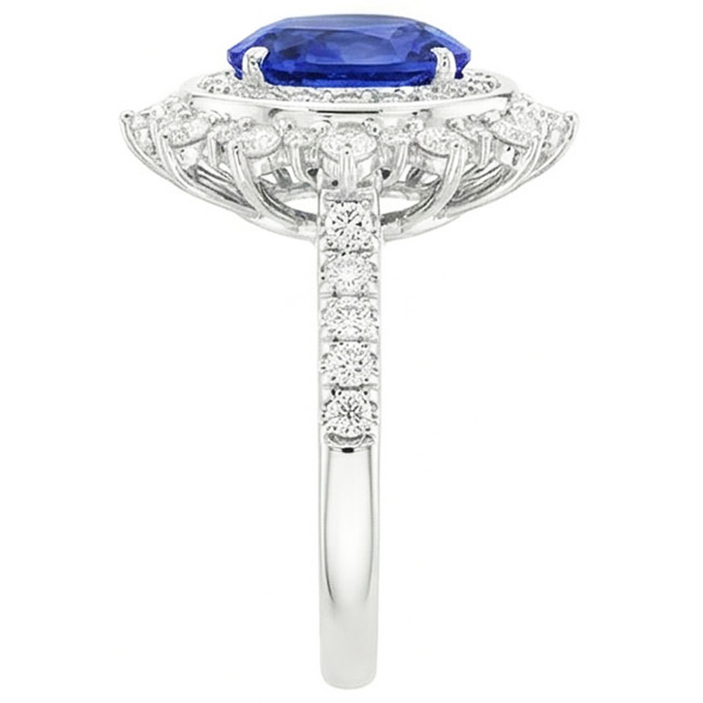Natural Real ( Not Lab Grown )  Double Halo Oval Blue Sapphire Ring Bezel Set 4 Carats Star Style