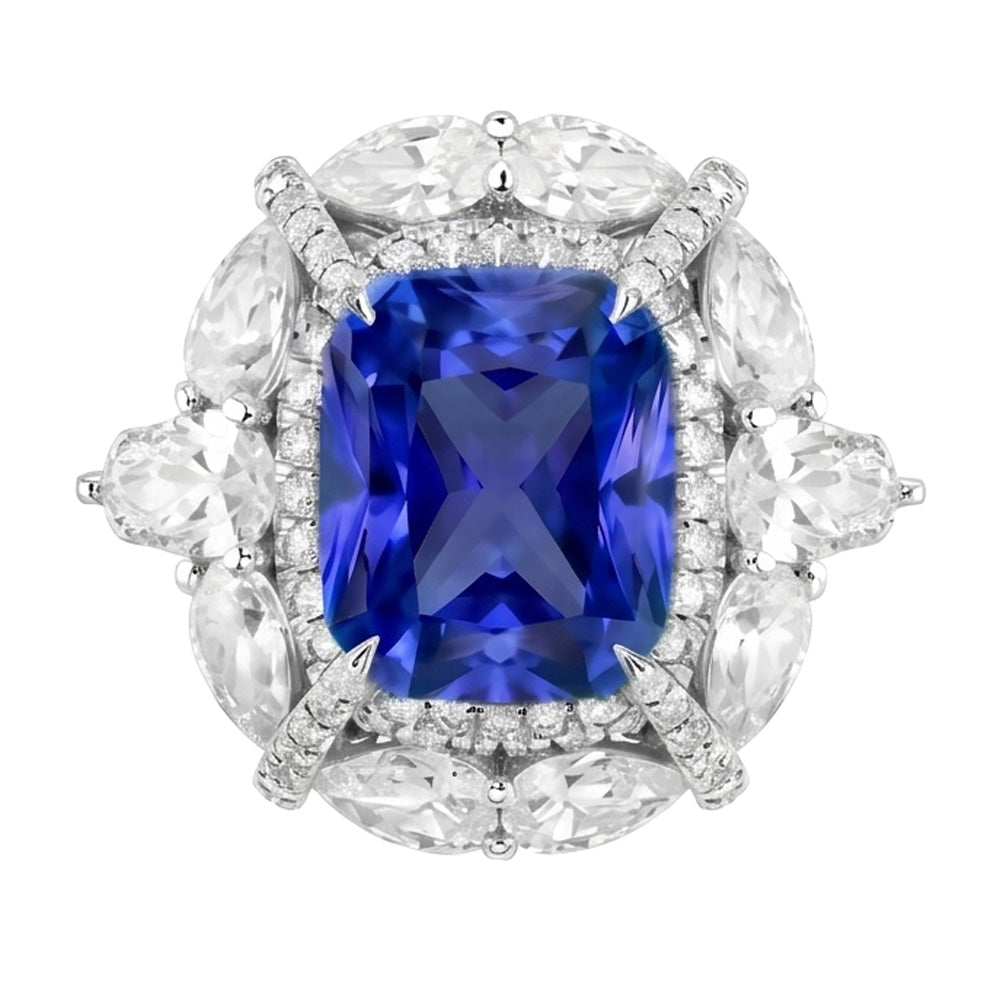 Double Halo Ring Cushion Sapphire Pear Pave Set Round Natural Earth Mined Diamond 4 Carats