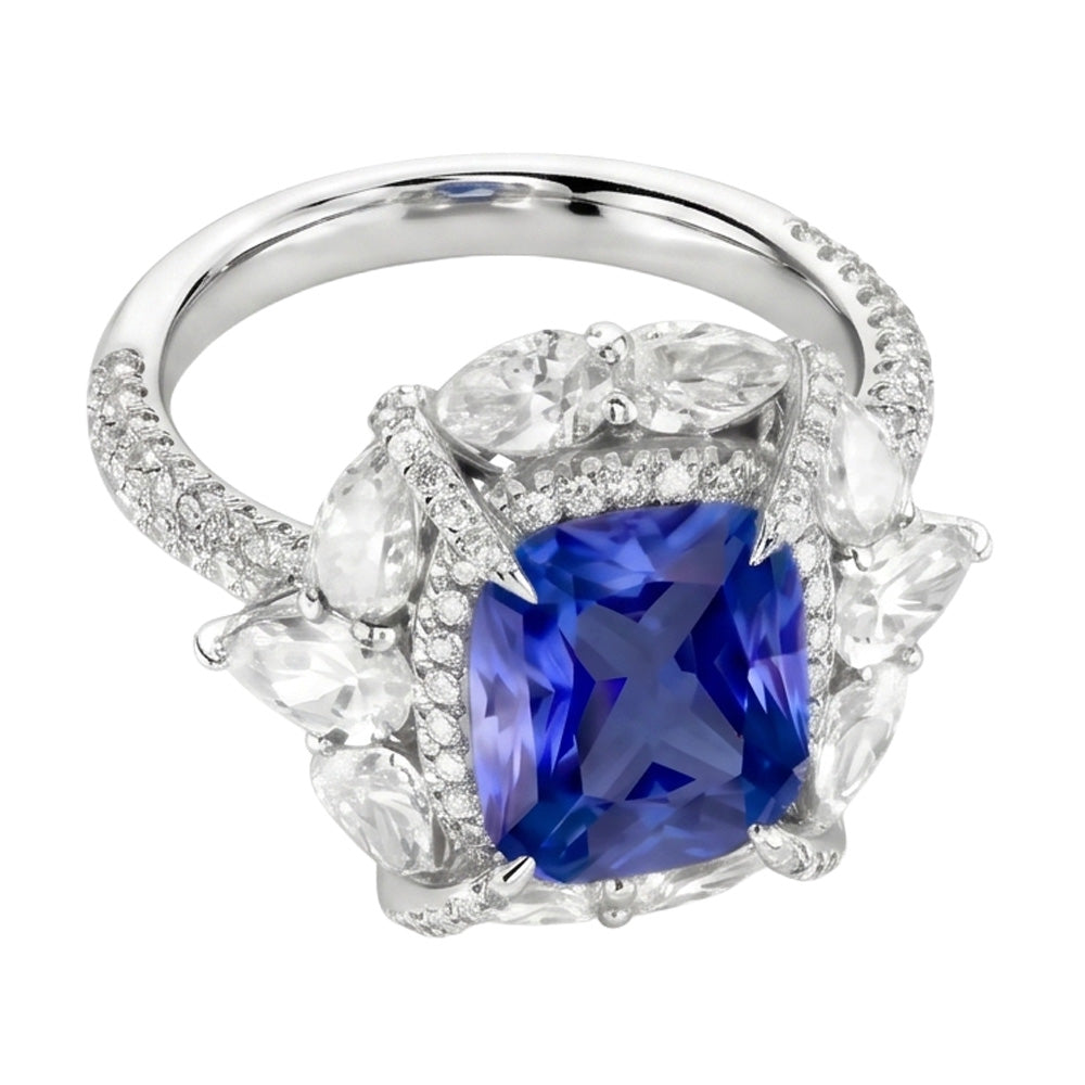 Double Halo Ring Cushion Sapphire Pear Pave Set Round Natural Earth Mined Diamond 4 Carats