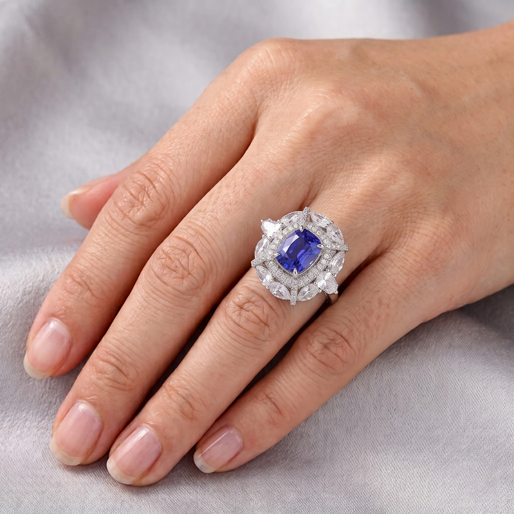Double Halo Ring Cushion Sapphire Pear Pave Set Round Natural Earth Mined Diamond 4 Carats
