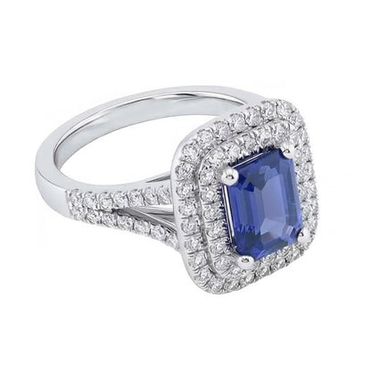 Double Halo Ring Emerald Shaped Natural Blue Sapphire 4 Carats