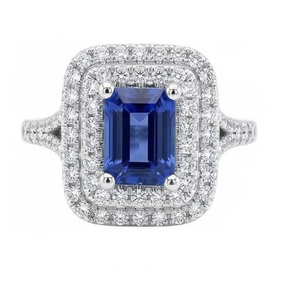 Double Halo Ring Emerald Shaped Natural Blue Sapphire 4 Carats