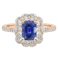 Double Halo Ring Emerald Sri Lankan Sapphire & Natural Earth Mined Diamond 5 Carats