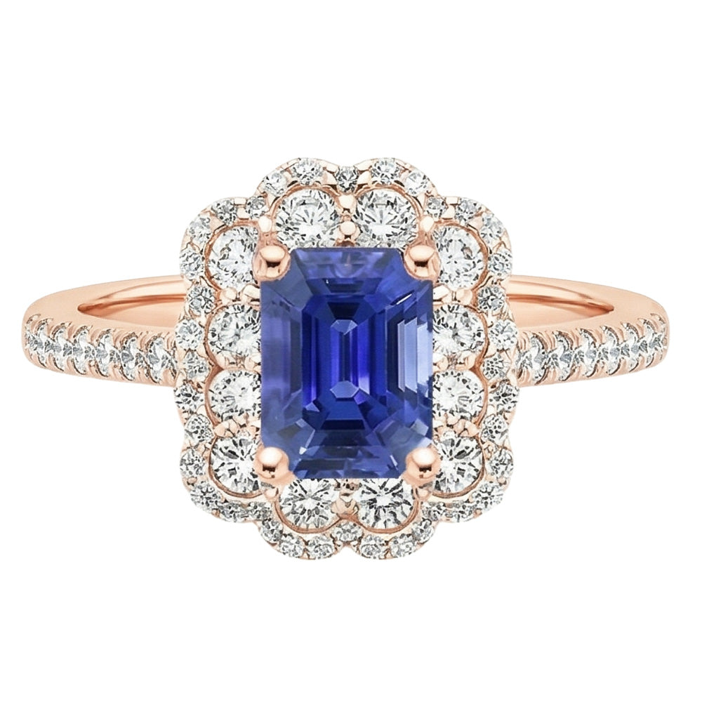 Double Halo Ring Emerald Sri Lankan Sapphire & Natural Earth Mined Diamond 5 Carats