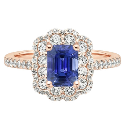 Double Halo Ring Emerald Sri Lankan Sapphire & Natural Earth Mined Diamond 5 Carats