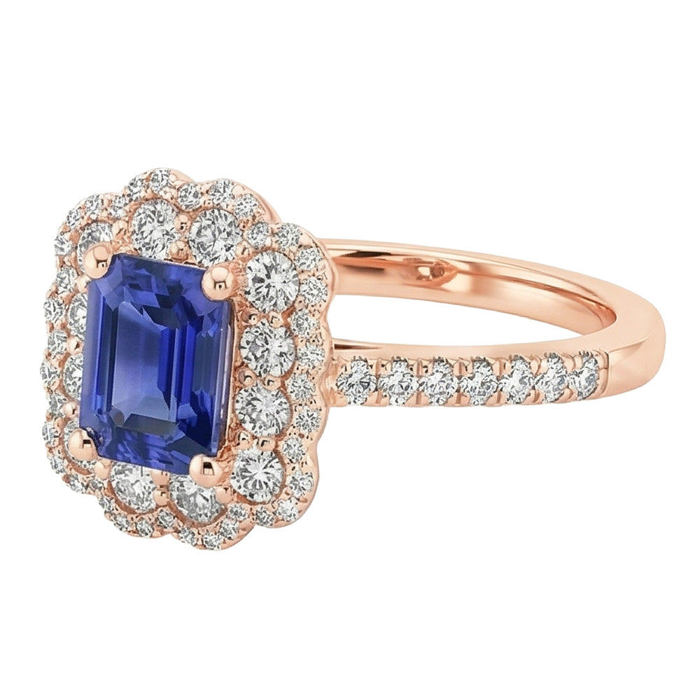 Double Halo Ring Emerald Sri Lankan Sapphire & Natural Earth Mined Diamond 5 Carats