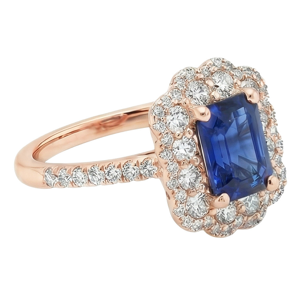 Double Halo Ring Emerald Sri Lankan Sapphire & Natural Earth Mined Diamond 5 Carats