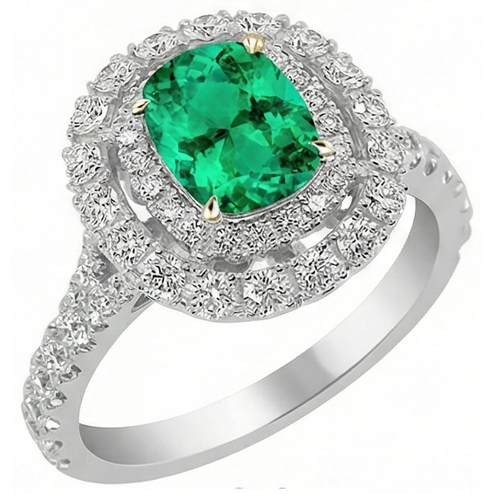 Natural Real ( Not Lab Grown ) Double Halo Ring Green Emerald GIA Wedding Jewelry