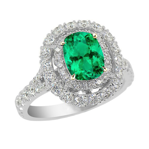 Double Halo Ring Green Emerald Wedding Jewelry