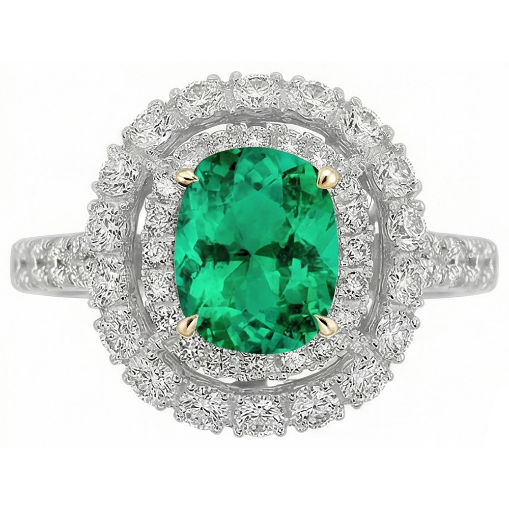 Natural Real ( Not Lab Grown ) Double Halo Ring Green Emerald GIA Wedding Jewelry