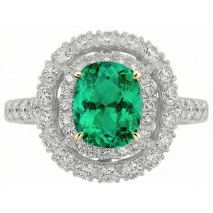 Natural Real ( Not Lab Grown ) Double Halo Ring Green Emerald GIA Wedding Jewelry