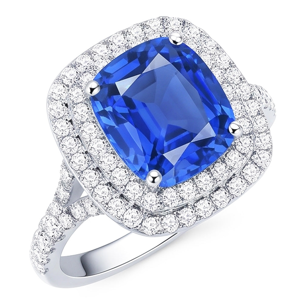 Double Halo Ring Oval Ceylon Sapphire 4 Carats Natural Earth Mined Diamond Split Shank