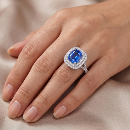 Double Halo Ring Oval Ceylon Sapphire 4 Carats Natural Earth Mined Diamond Split Shank