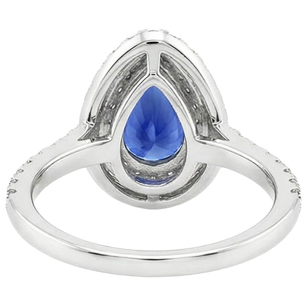 Double Halo Ring Pear Cut Ceylon Sapphire & Natural Earth Mined Diamonds 4.50 Carats