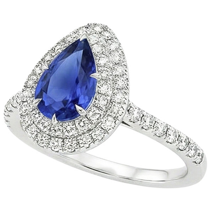 Double Halo Ring Pear Cut Ceylon Sapphire & Natural Earth Mined Diamonds 4.50 Carats