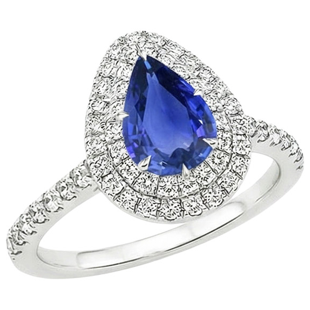 Double Halo Ring Pear Cut Ceylon Sapphire & Natural Earth Mined Diamonds 4.50 Carats