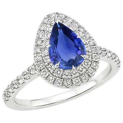 Double Halo Ring Pear Cut Ceylon Sapphire & Natural Earth Mined Diamonds 4.50 Carats