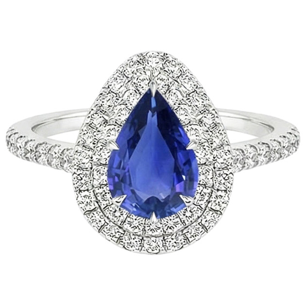Double Halo Ring Pear Cut Ceylon Sapphire & Natural Earth Mined Diamonds 4.50 Carats