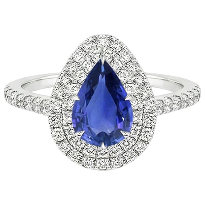 Double Halo Ring Pear Cut Ceylon Sapphire & Natural Earth Mined Diamonds 4.50 Carats