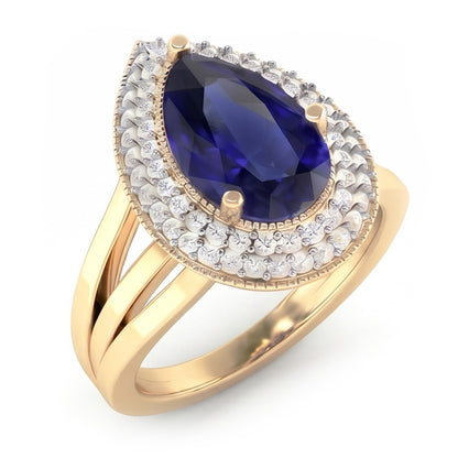 Double Halo Ring Triple Shank Ceylon Sapphire & Natural Earth Mined Diamonds 4 Carats