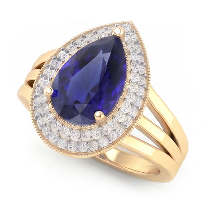 Double Halo Ring Triple Shank Ceylon Sapphire & Natural Earth Mined Diamonds 4 Carats
