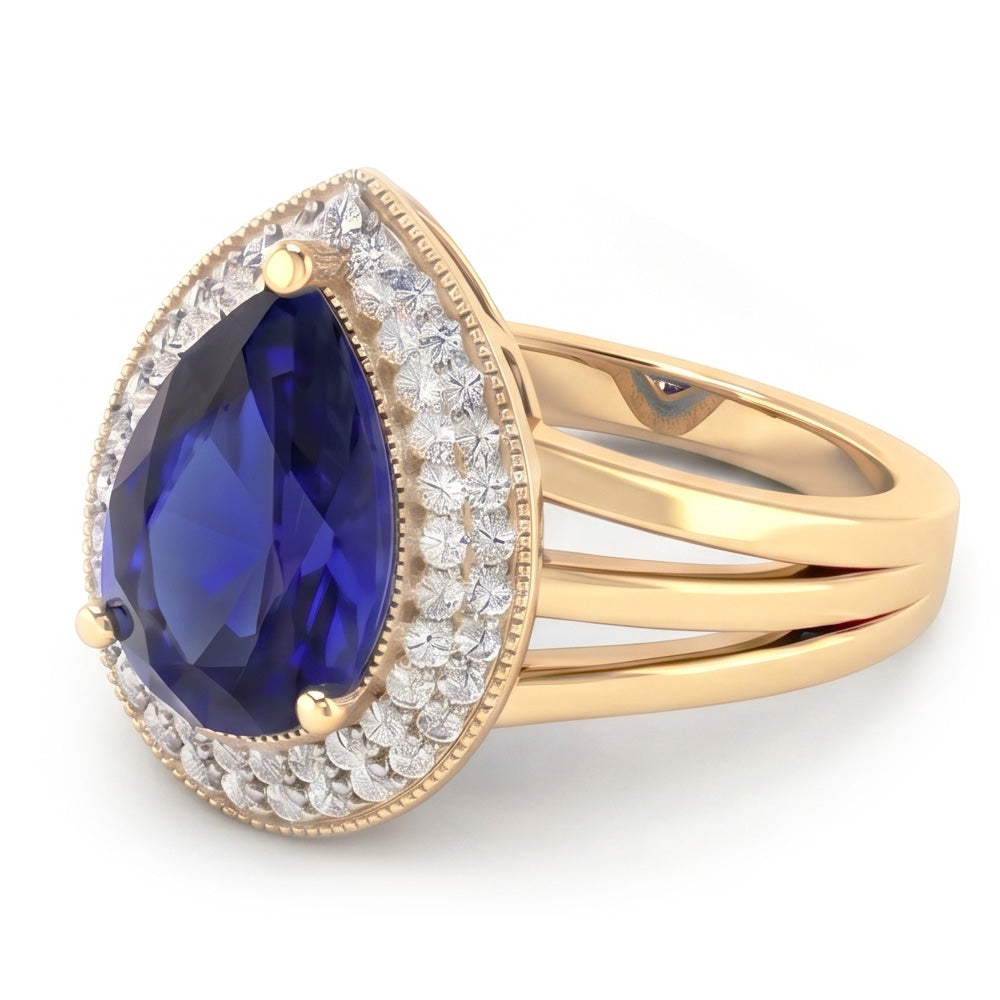 Double Halo Ring Triple Shank Ceylon Sapphire & Natural Earth Mined Diamonds 4 Carats
