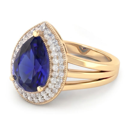 Double Halo Ring Triple Shank Ceylon Sapphire & Natural Earth Mined Diamonds 4 Carats
