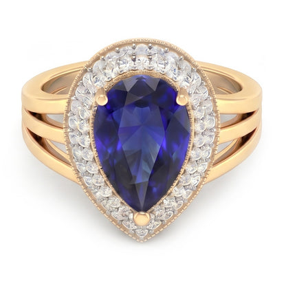 Double Halo Ring Triple Shank Ceylon Sapphire & Natural Earth Mined Diamonds 4 Carats
