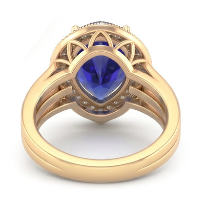 Double Halo Ring Triple Shank Ceylon Sapphire & Natural Earth Mined Diamonds 4 Carats