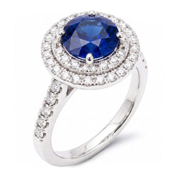 Double Halo Round Sapphire Ring 3 Carats Pave Set Natural Earth Mined Diamond Jewelry