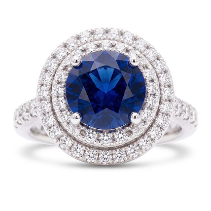 Double Halo Round Sapphire Ring 3 Carats Pave Set Natural Earth Mined Diamond Jewelry