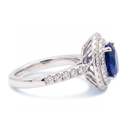 Double Halo Round Sapphire Ring 3 Carats Pave Set Natural Earth Mined Diamond Jewelry