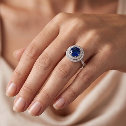 Double Halo Round Sapphire Ring 3 Carats Pave Set Natural Earth Mined Diamond Jewelry