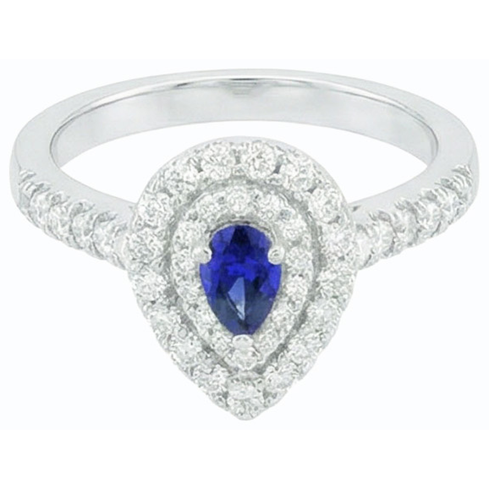 Double Halo Sri Lankan Sapphire Ring Pear & Natural Earth Mined Diamonds 3 Carats