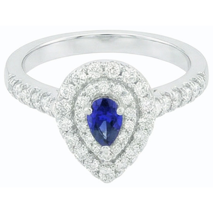 Double Halo Sri Lankan Sapphire Ring Pear & Natural Earth Mined Diamonds 3 Carats