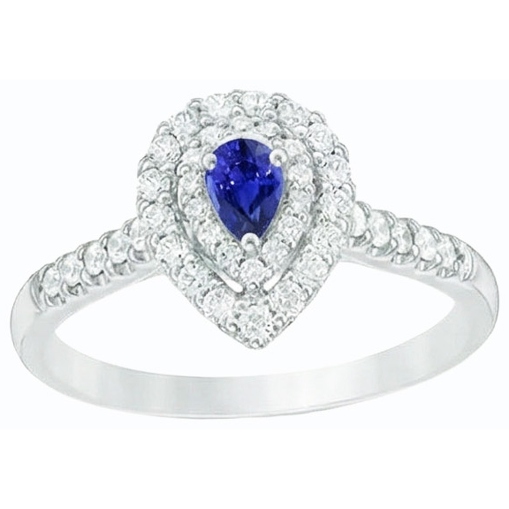Double Halo Sri Lankan Sapphire Ring Pear & Natural Earth Mined Diamonds 3 Carats